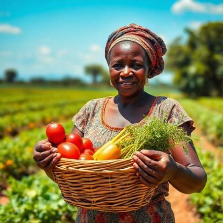 portrait Kenyan woman farmer holding basket of vegetables