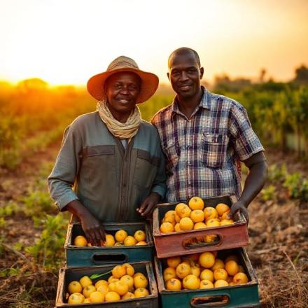 portrait Kenyan farmer couple with crates of fruits