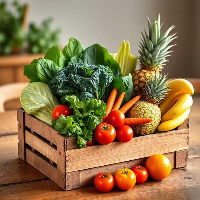A beautifully packed box of fresh Kenyan vegetables and fruits