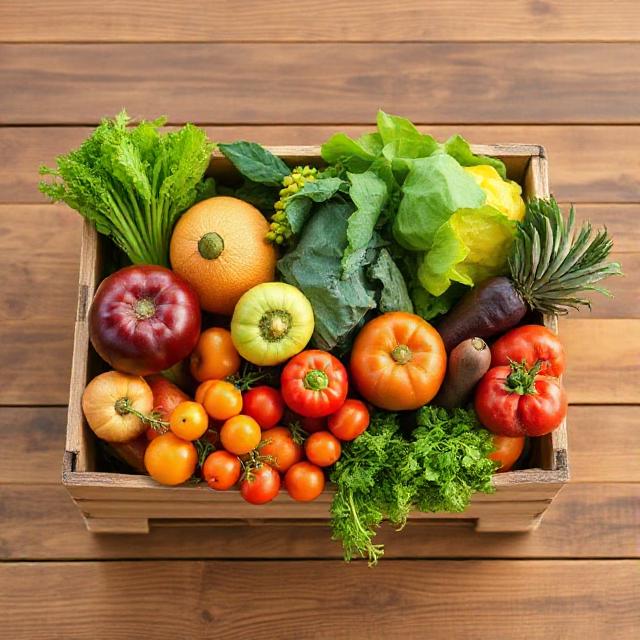 family size fresh produce box assortment Kenyan vegetables and fruits on wooden table