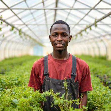 portrait Kenyan young agripreneur in greenhouse with herbs