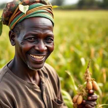 portrait Kenyan farmer smiling in field with produce
